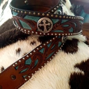 3D Leather Company western cowgirl cross belt with turquoise inlay